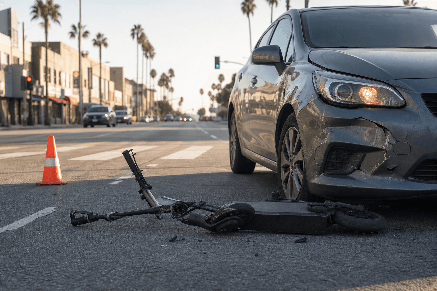 Electric scooter involved in a collision with a car on a Los Angeles street