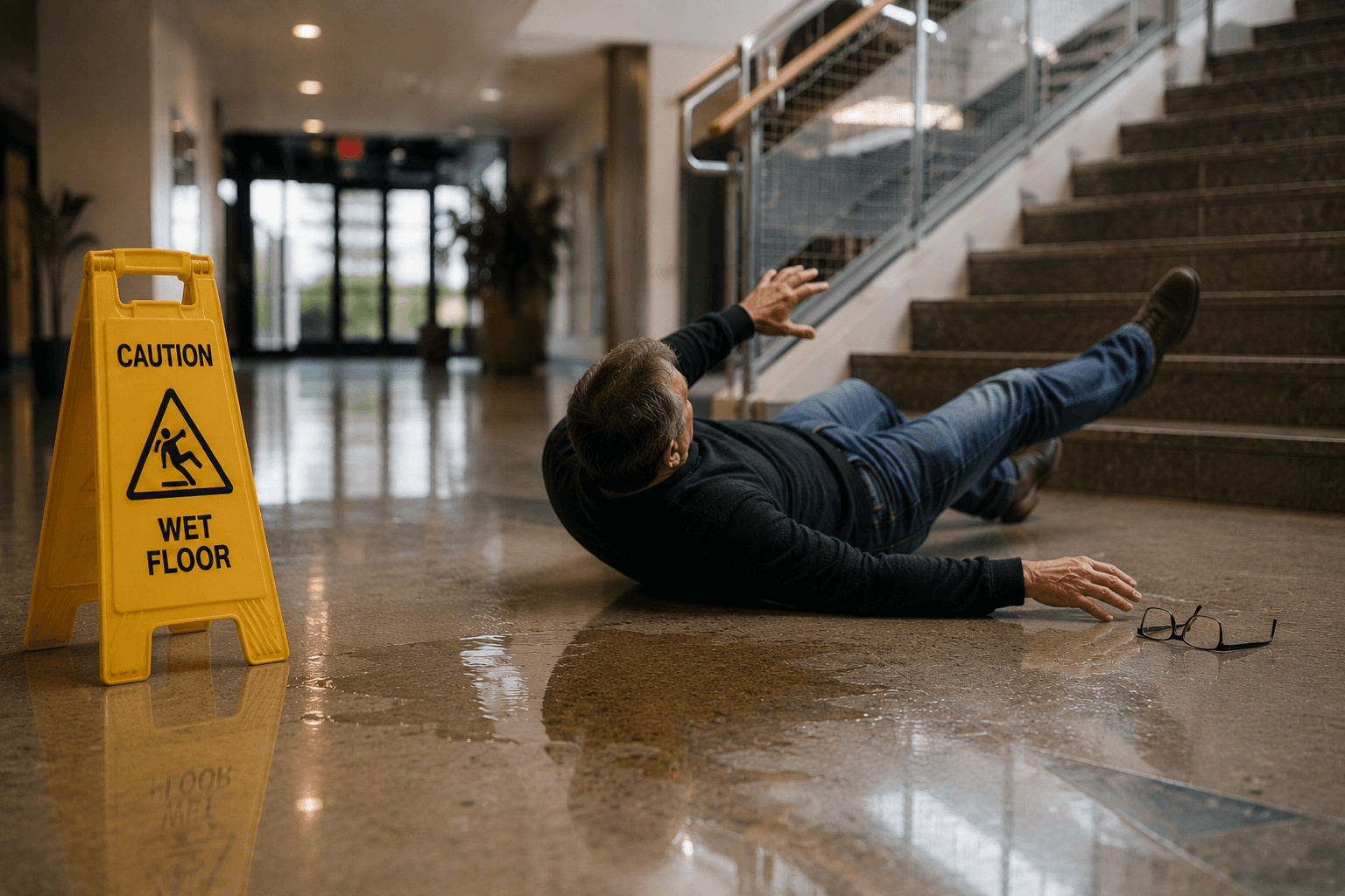 Person after a fall beside a wet-floor warning sign