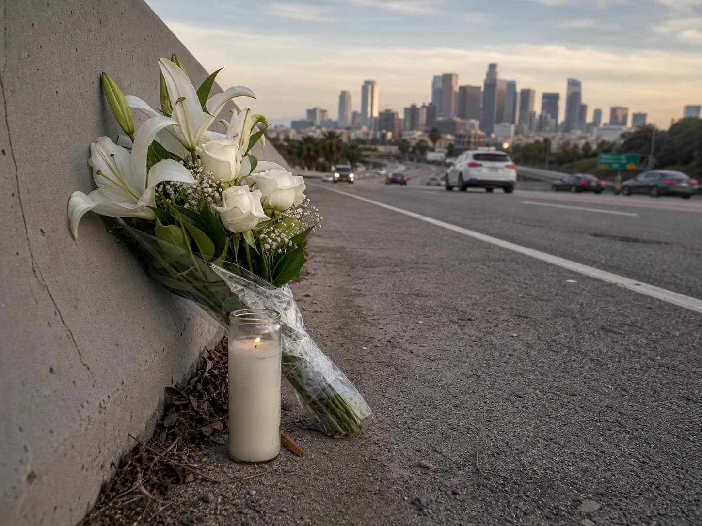 White flowers and a memorial candle beside a Los Angeles freeway