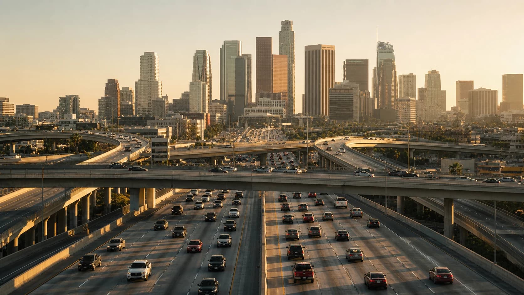 Los Angeles freeway traffic and overpasses leading toward the downtown skyline