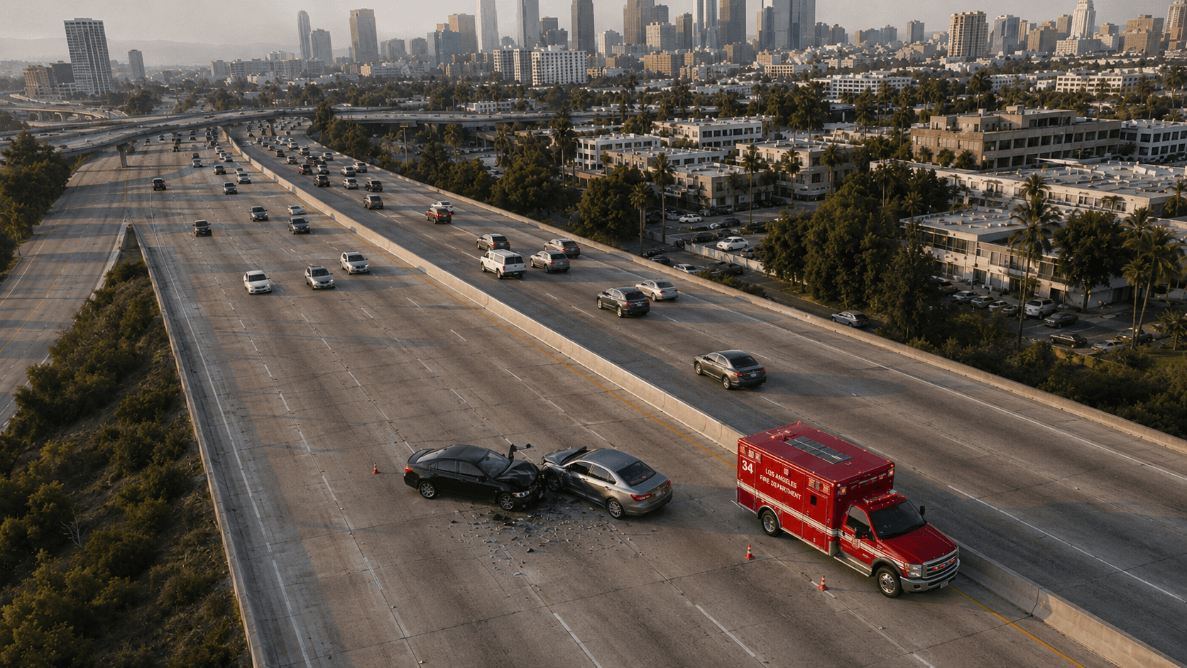 Drone view of a two-car freeway collision and ambulance with downtown Los Angeles in the background