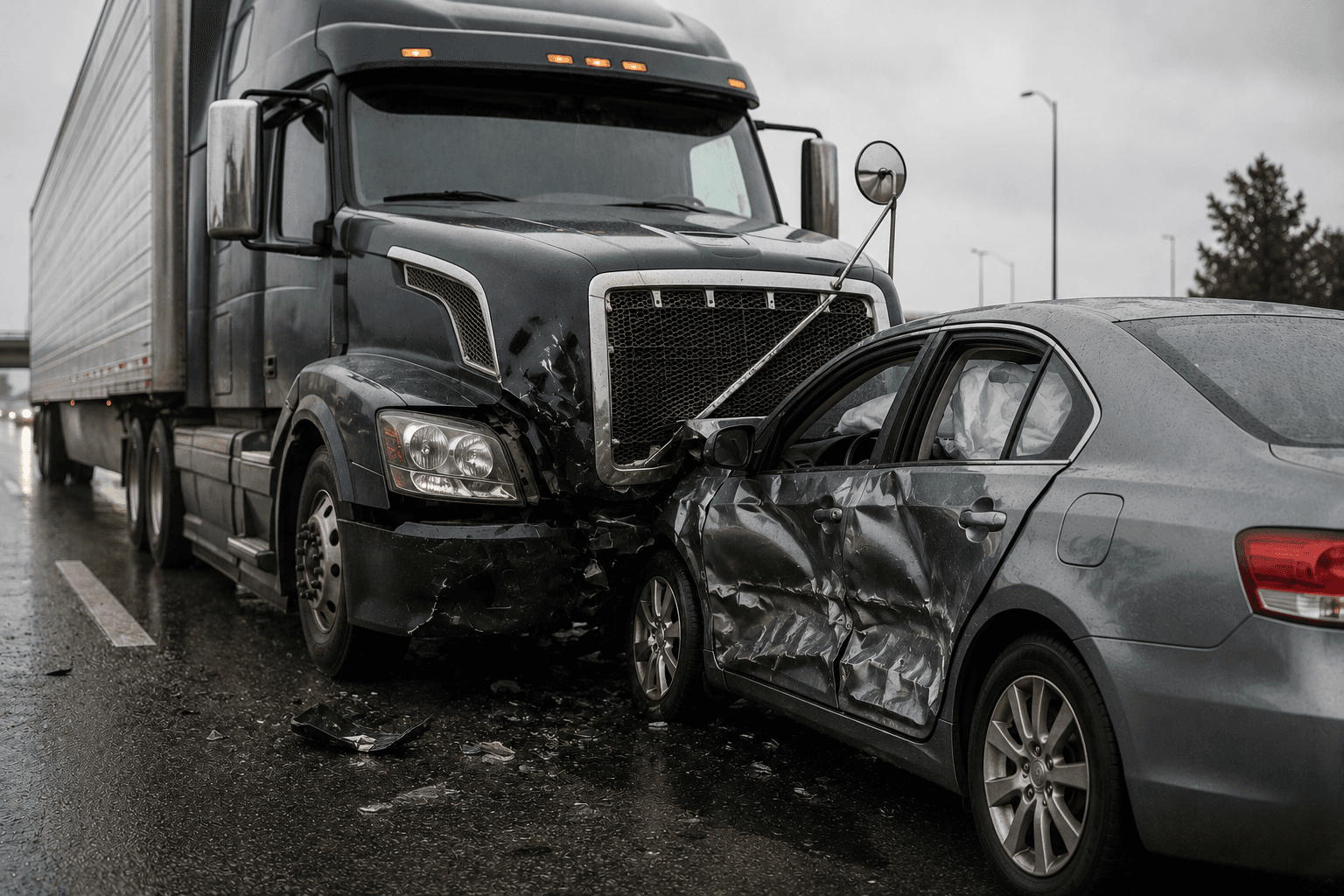Commercial truck and passenger car after a roadway collision