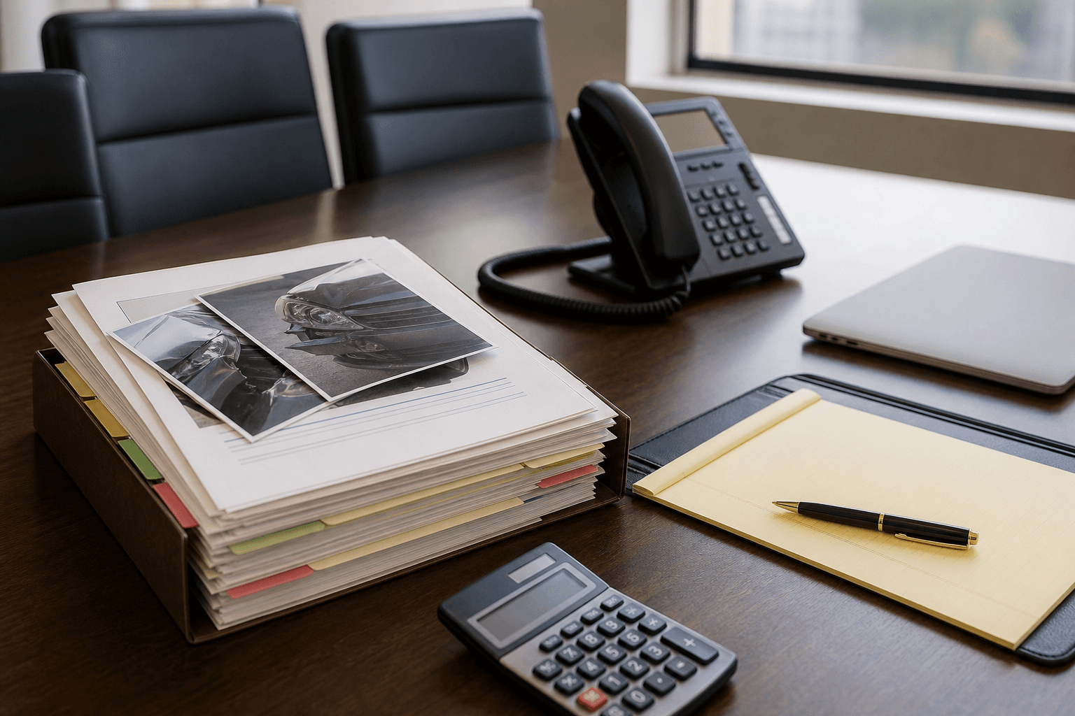Organized injury claim file, collision photographs, calculator, and telephone prepared for negotiation